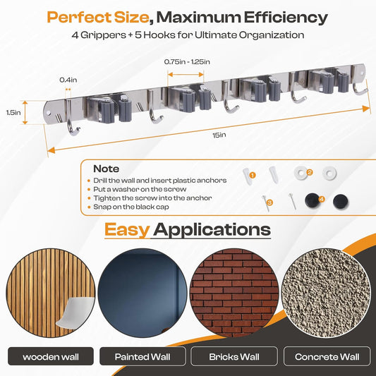 Heavy-Duty Stainless-Steel Broom Holder Wall Mount with 4 Racks and 5 Hooks | Rust Resistant Mop and Broom Hanger | Adjustable, Garage & Garden Tool Organizer | Silver Color