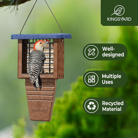 Kingsyard Recycled Plastic Suet Bird Feeder, Tail Prop Suet Feeder for Outside Hanging, Sturdy & Durable, Great for Woodpecker & Clinging Birds, Blue