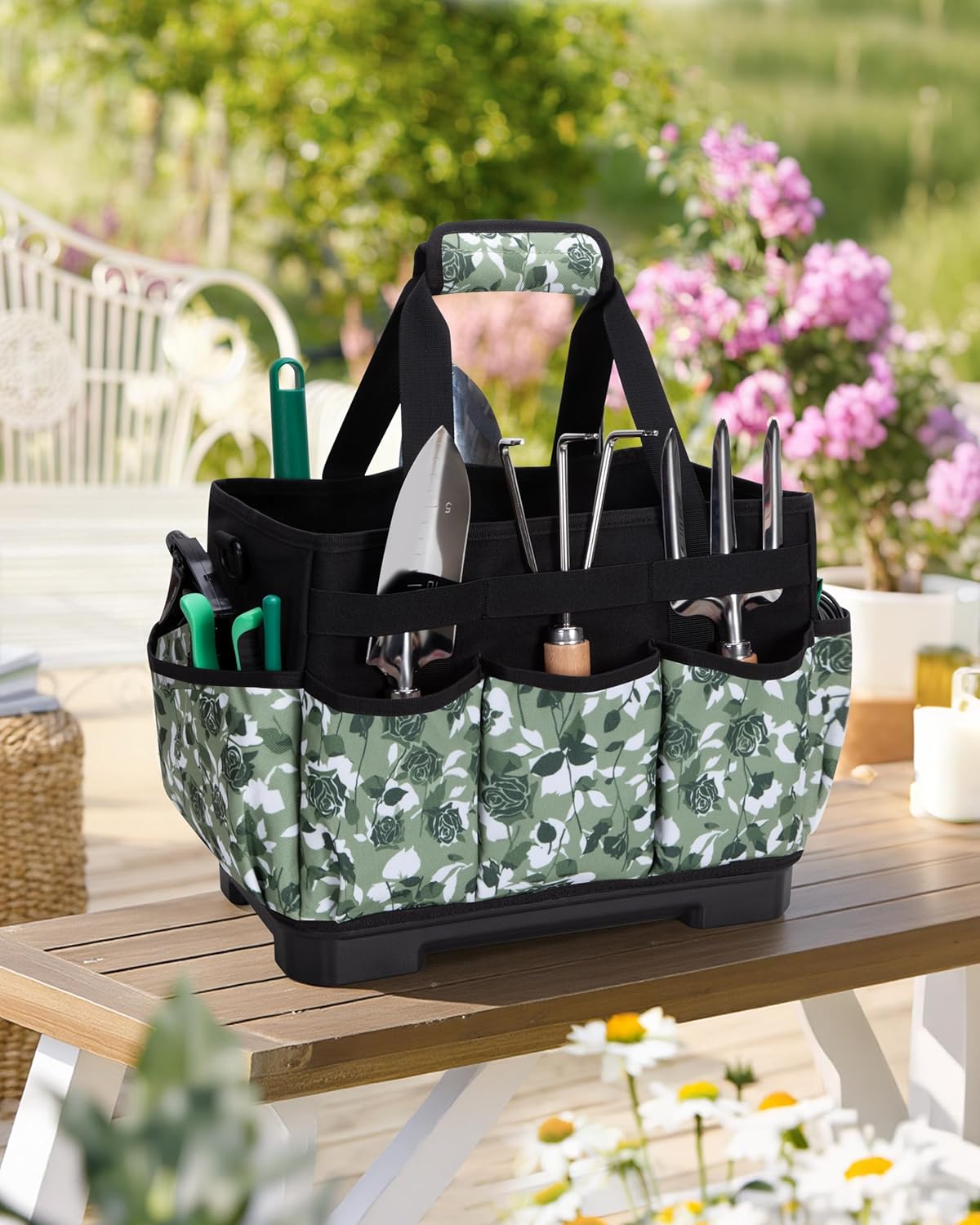 Garden Tool Bag with Hard Bottom, Garden Tote with Shoulder Strap and