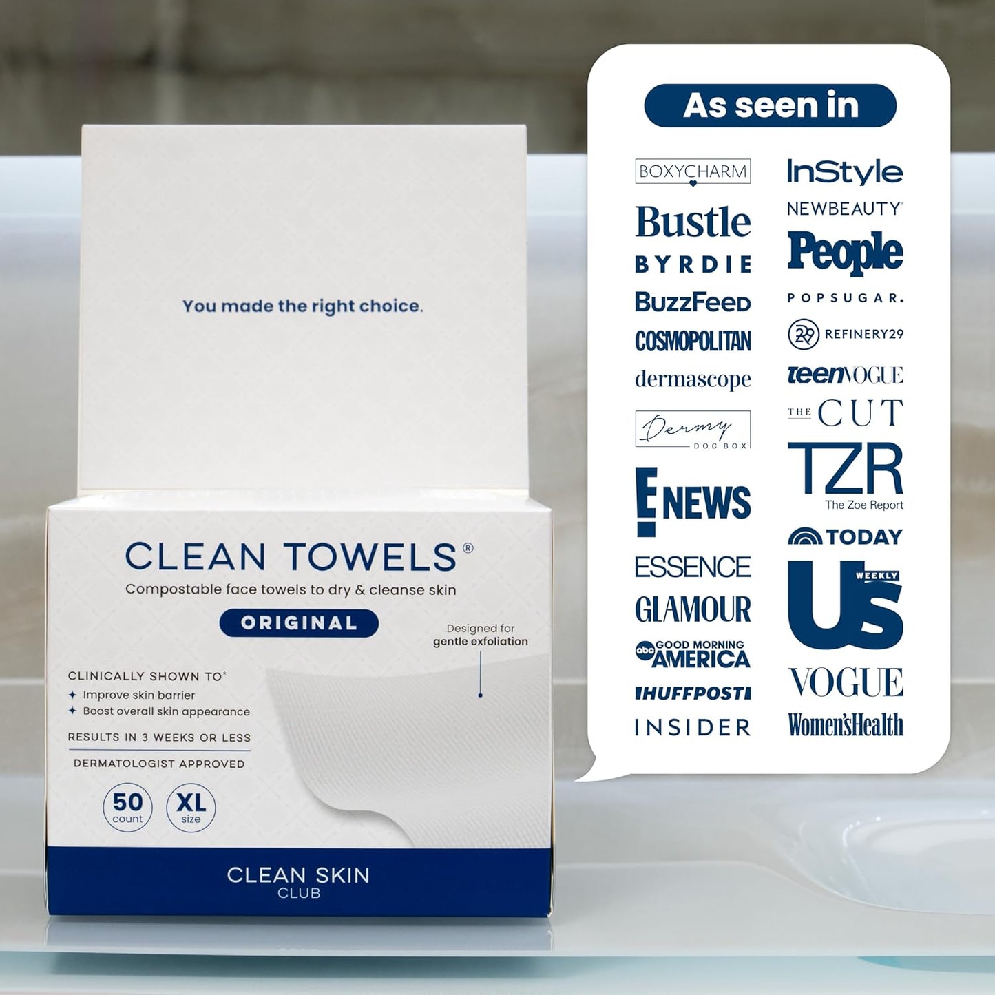 Clean Skin Club Clean Towels XL®, 100% USDA Biobased Face Towel, Dispo