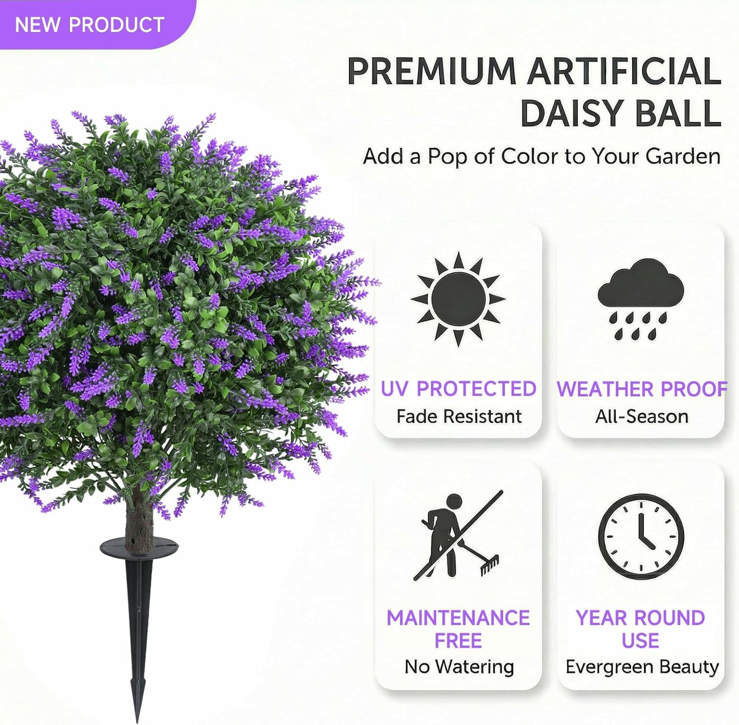 Dense Foliage Artificial Lavender Topiary Ball Trees 24 Inch, 2 Pack UV Resistant Fake Plants with Ground Spike, Outdoor Faux Shrubs for Garden, Patio, Porch, Yard Decor