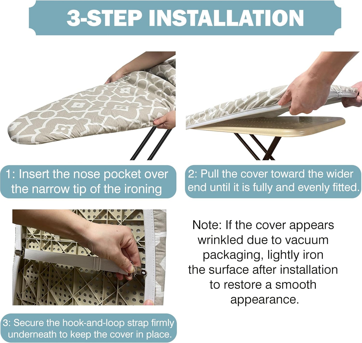Ironing Board Cover and Pad 15"x54" Extra Thick Natural Cotton, Scorch and Stain Resistant Padding, Standard Size Iron Board Cover with Fasteners Heavy Duty Elastic Edge, Heatproof Geometric