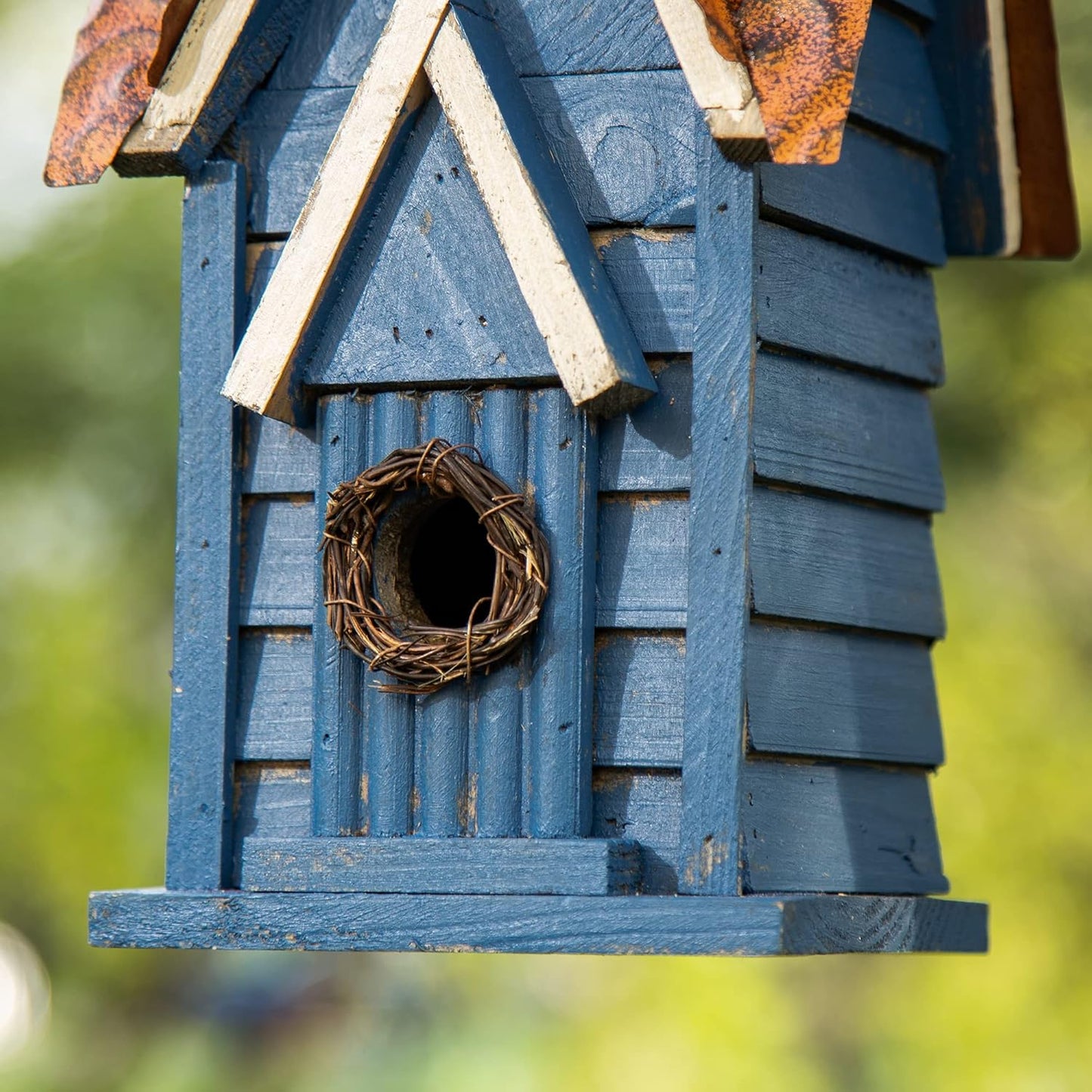 Glitzhome 12" H Hanging Birdhouse Retro Blue Distressed Wooden Cottage Garden Bird House for Outside