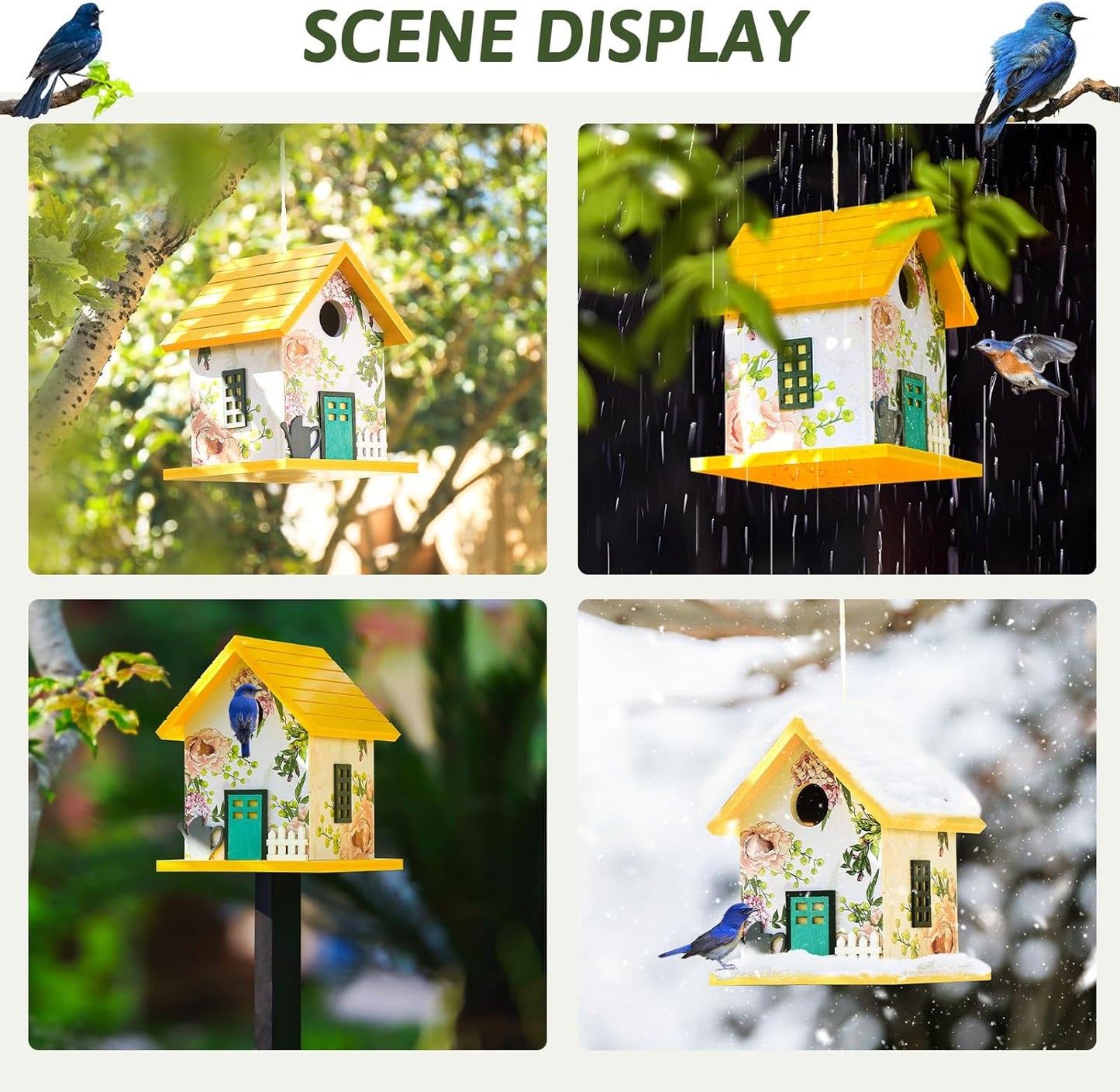 Spring Melody Bluebird House, Composite Material Nesting Box, Hanging Birdhouse for Blue Bird,Sparrow, Chickadee, Birdhouse for Outside, 5 Years Weatherable Bird Box on Post for Pole (Garden Cottage)