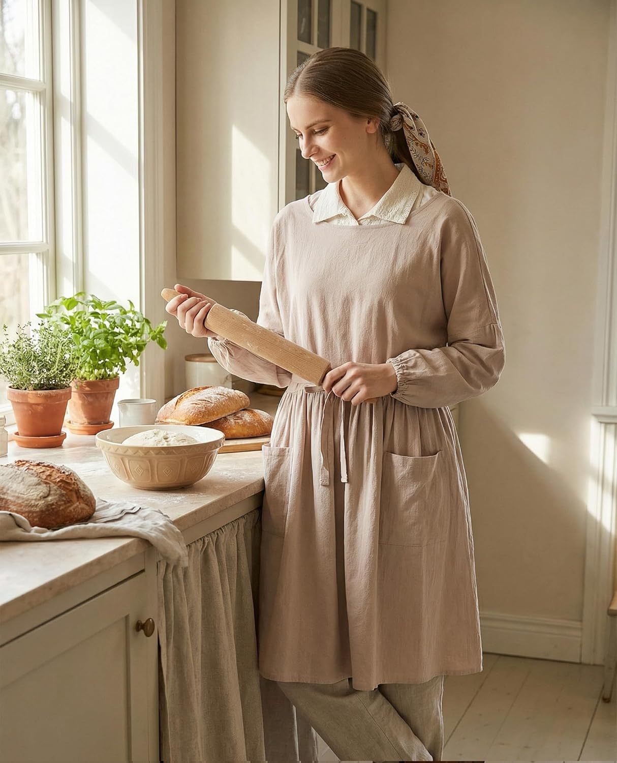 Nanxson Cotton Linen Apron - Women's Long Sleeve Apron for Cooking, Ga