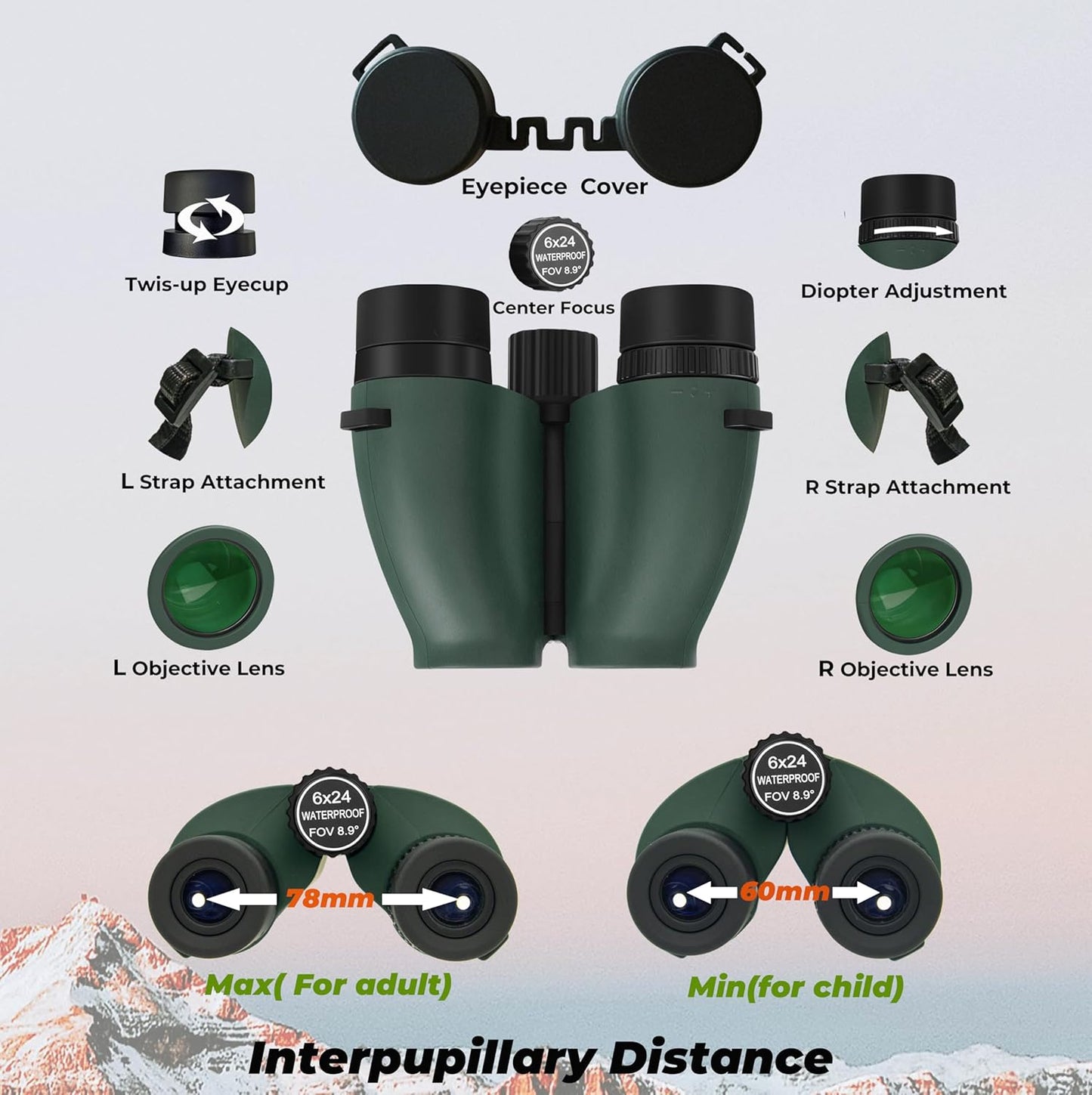 6x24 Compact Binoculars HD - 0.5m Close Focus Waterproof Fog-Proof IPX7,BAK-4 Prism Binoculars for Bird Watching, Hunting & Travel, Twist-Up Eyecups & 388g Lightweight for Adults/Kids
