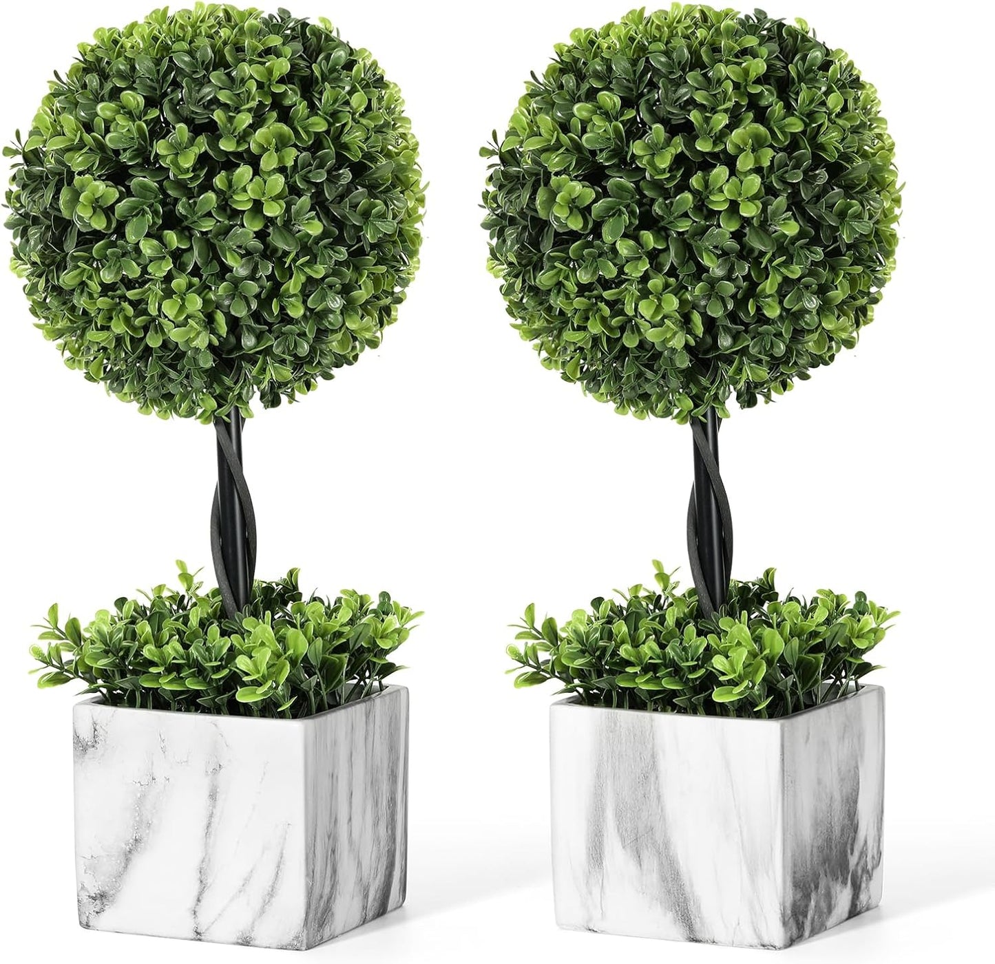 Lewondr 16'' Artificial Topiary Ball Tree, Small Potted Fake Plants, Artificial Boxwood Plants with White Planter Pot, Outdoor Indoor Realistic Faux Shrubs Tree for Home Office Porch Decor, Set of 2