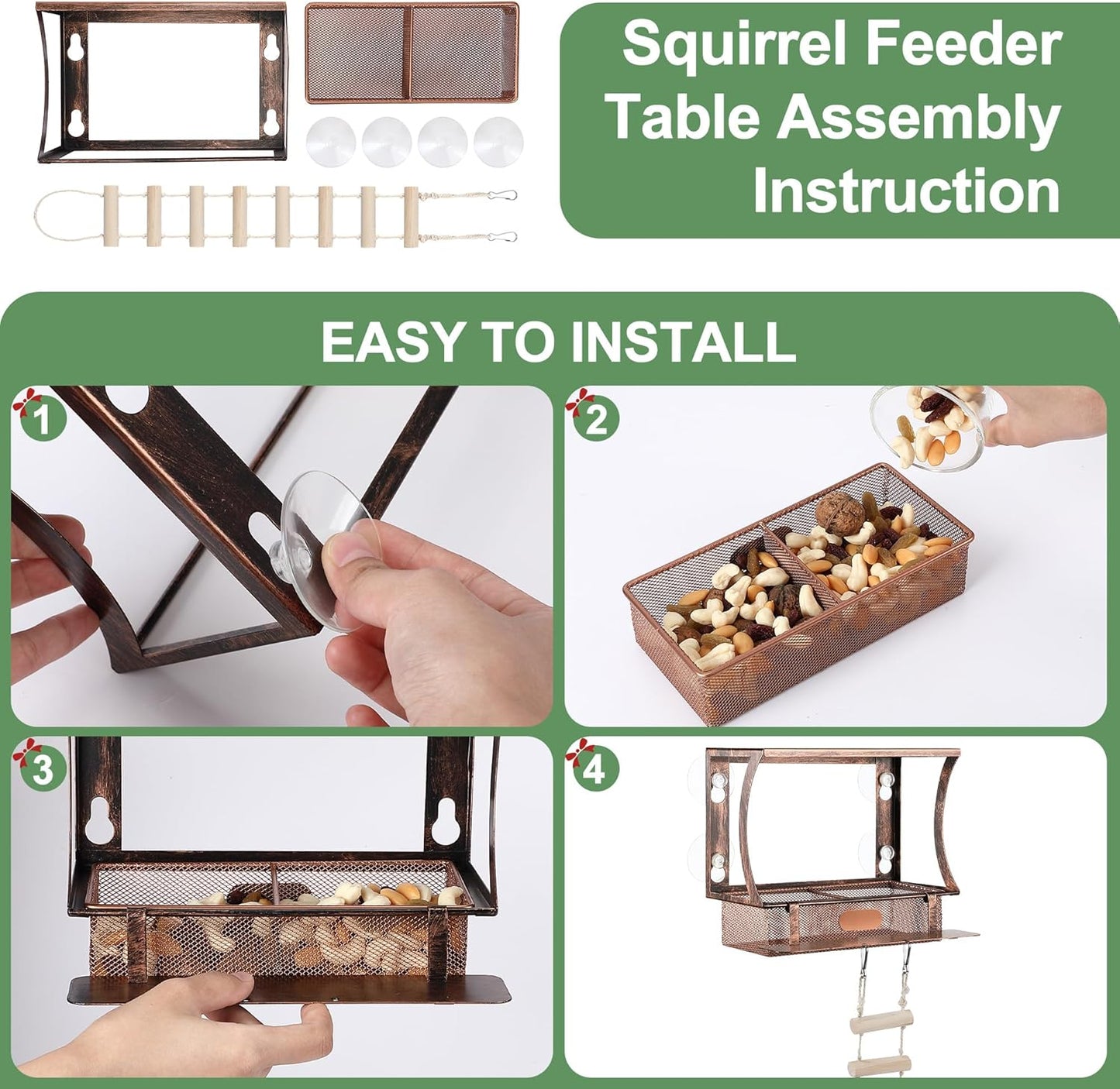 Enhon Window Squirrel Feeder, Metal Squirrel Feeders for Outside Winter with Strong Suction Cups & Ladders, Safe Funny Chipmunk Feeder, Feeding Shelter for Squirrels for Corn Peanuts