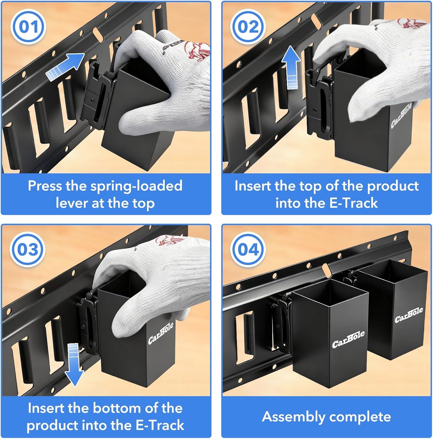 CarBole E Track Tool Holders for Truck, Warehouses, 4 Pack E Track Accessories Garage Organization to Keep Garden Tools
