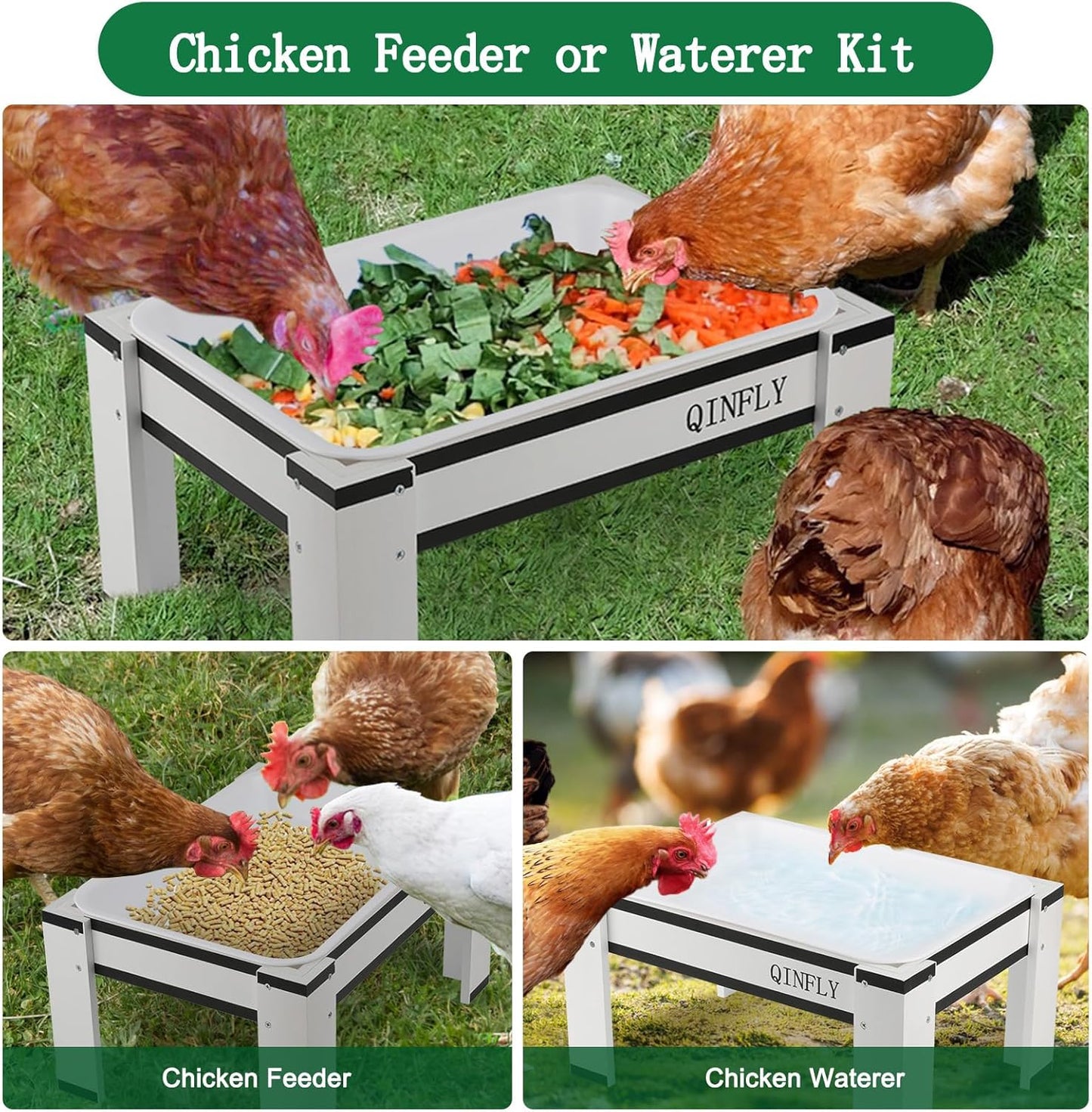 Chicken Feeder or Waterer Kit,Ground Wooden Platform Feeders with Removable Plastic Tray for Wild Bird,Bluebird,Chicken