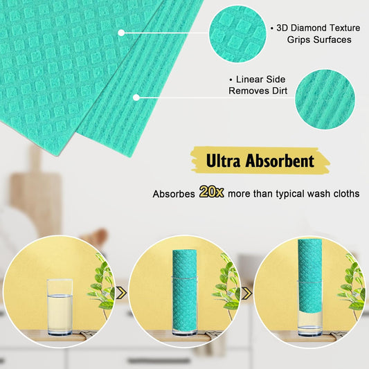 Swedish Dish Cloths - 10 Pack Reusable Kitchen Dishcloths - Ultra Absorbent Dish Towels for Washing Dishes - Cellulose Sponge Cloth Cleaning Rag - Assorted