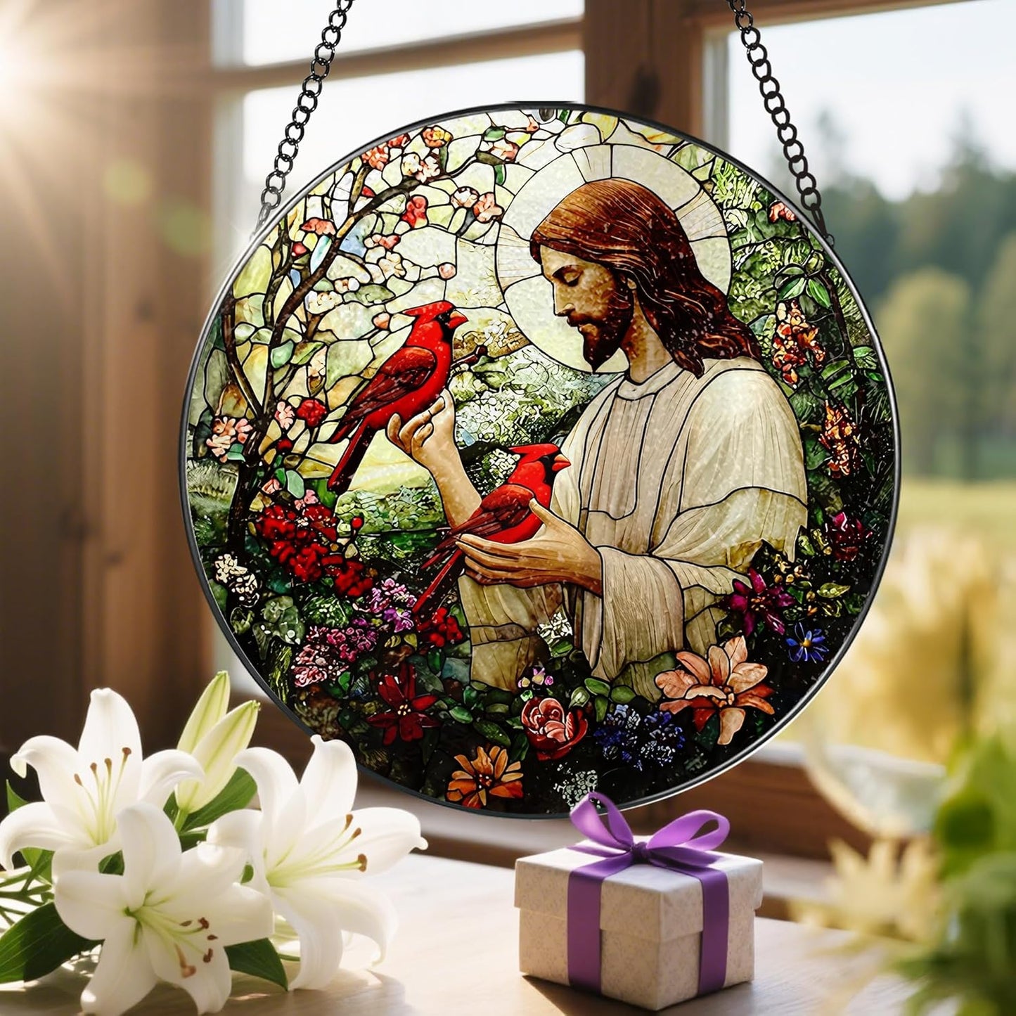 8-Inch Jesus with Cardinals Suncatcher Ornament, Stained Glass Window Hanging & Religious Christmas Ornament, Christian Window Decor β Memorial Gift, Christian Gifts for Her, Religious Gifts