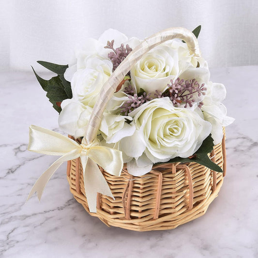 Wicker Rattan Flower Basket, Wedding Flower Girl Baskets, Willow Handwoven Basket with Handles and Plastic Insert, Woven Eggs Candy Basket for Garden Decor, White, S (210209HT07-1-10031-1949313471)