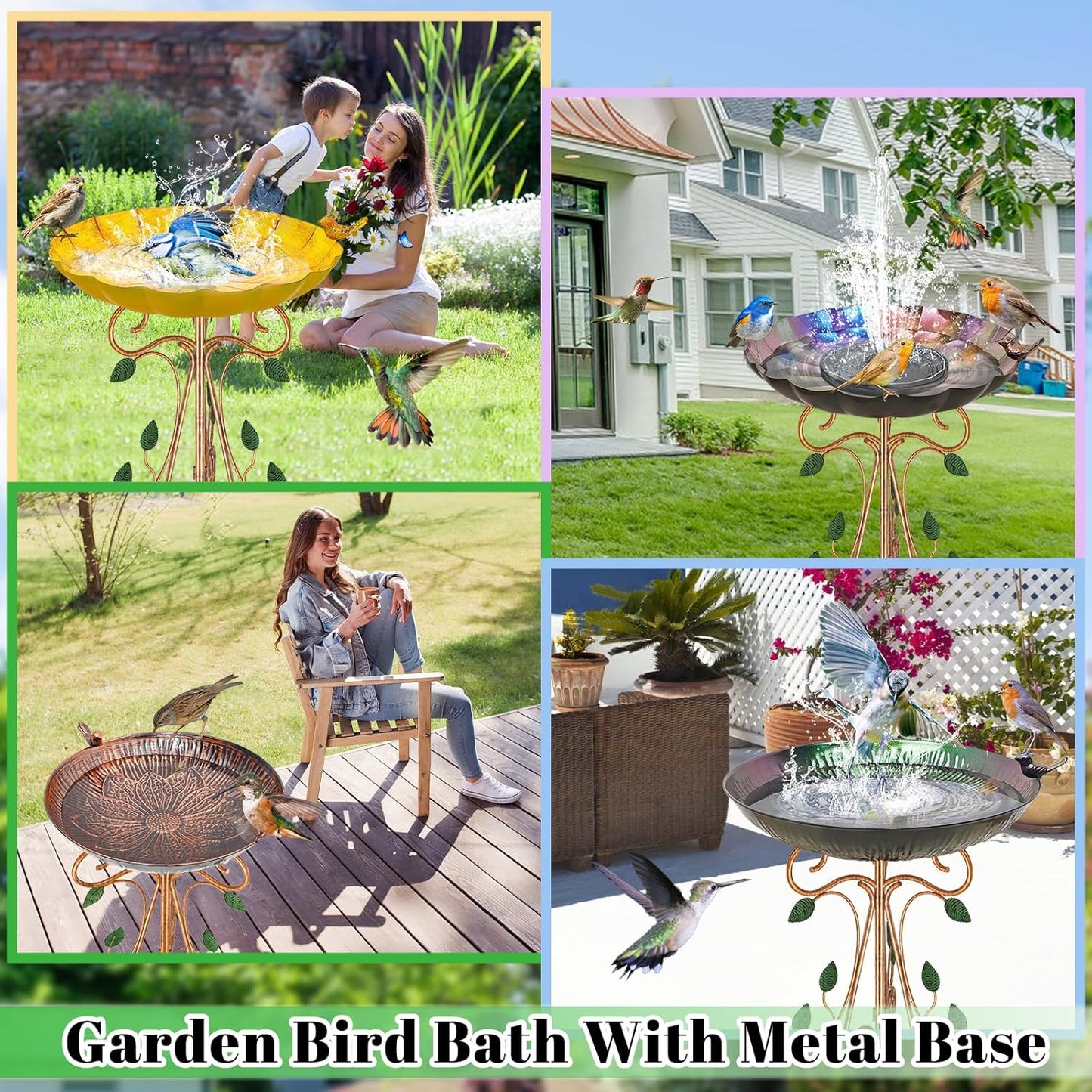 Vintage Metal Bird Bath for Outside, 13" Dia Birdbaths Bowl with Cast Iron Pedestal, Large Antique Bird Feeder with Folding Bracket for Outdoors Garden Patio Yard Decor (Purple Lotus)
