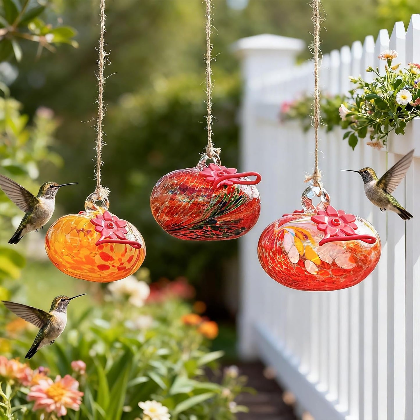 Set of 3 Blown Glass Hummingbird Feeder for Outdoors Hanging Ant and Bee Proof Hummingbirds Feeders Handmade Garden Decor Gift for Women