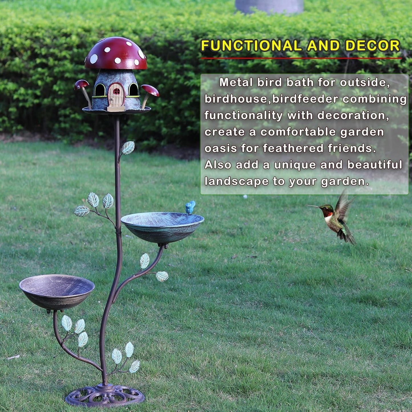 38" H Cast Iron Pedestal Bird Bath, BirdBaths for Outdoors with Metal Birdhouse Birdfeeder 3-in-1, Garden Yard Lawn Decor