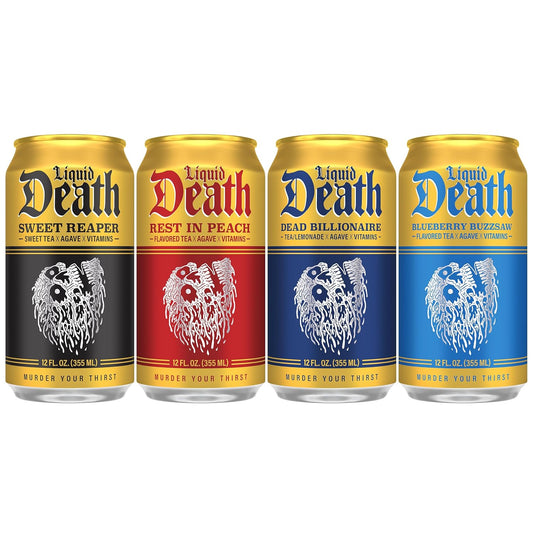 Liquid Death Iced Tea - Variety, Less Sugar*, Boost of Caffeine, B Vitamins, No Artificial Sweeteners, 4 Flavors: Tea/Lemonade, Rest in Peach, Sweet Reaper, Blueberry Buzzsaw, 12 Fl Oz (Pack of 12)
