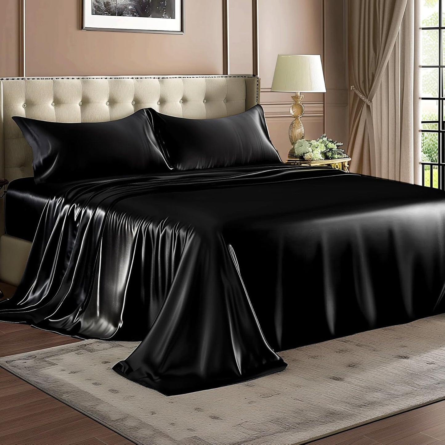 BEDELITE Satin Sheets Queen Size Bed Set, Luxury Soft Black Silky Shee