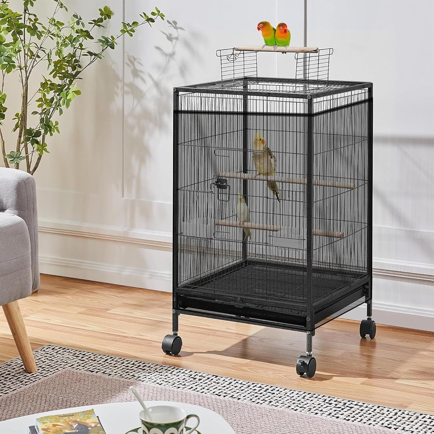 ASOCEA Large Bird Cage Seed Cather,Bird Cage Cover Adjustable Soft Airy Skirt Guard Birdcage Nylon Mesh Net for Parrot Parakeet Macaw African Round Square Cages Cover (118 * 31.5in/300 * 80cm) (Black)