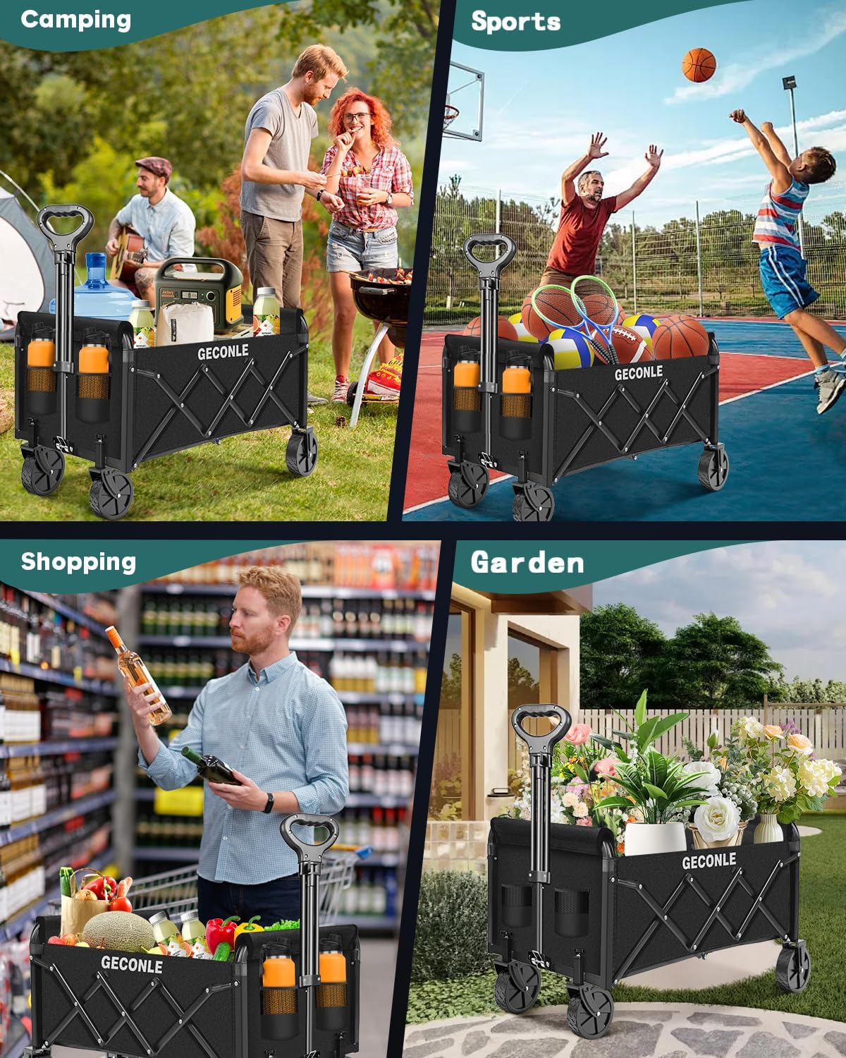 Collapsible Wagon Cart with Wheels 220lbs Foldable Lightweight Wagon Cart Portable Folding Utility Grocery Carts for Grocery Sports Garden Shopping Camping