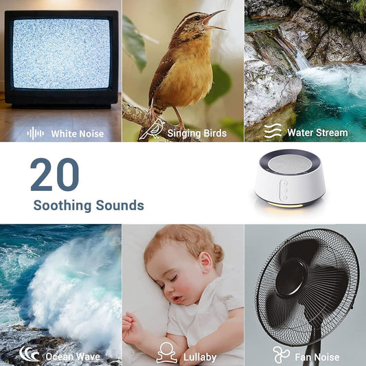 BGOVERSS White Noise Sound Machine with 20 Soothing Sounds, 10 Colors Night Light Sleep Machines Home Office Travel, 5 Timers and Memory Feature Sound Machine for Nursery Baby Kids Adults (White)