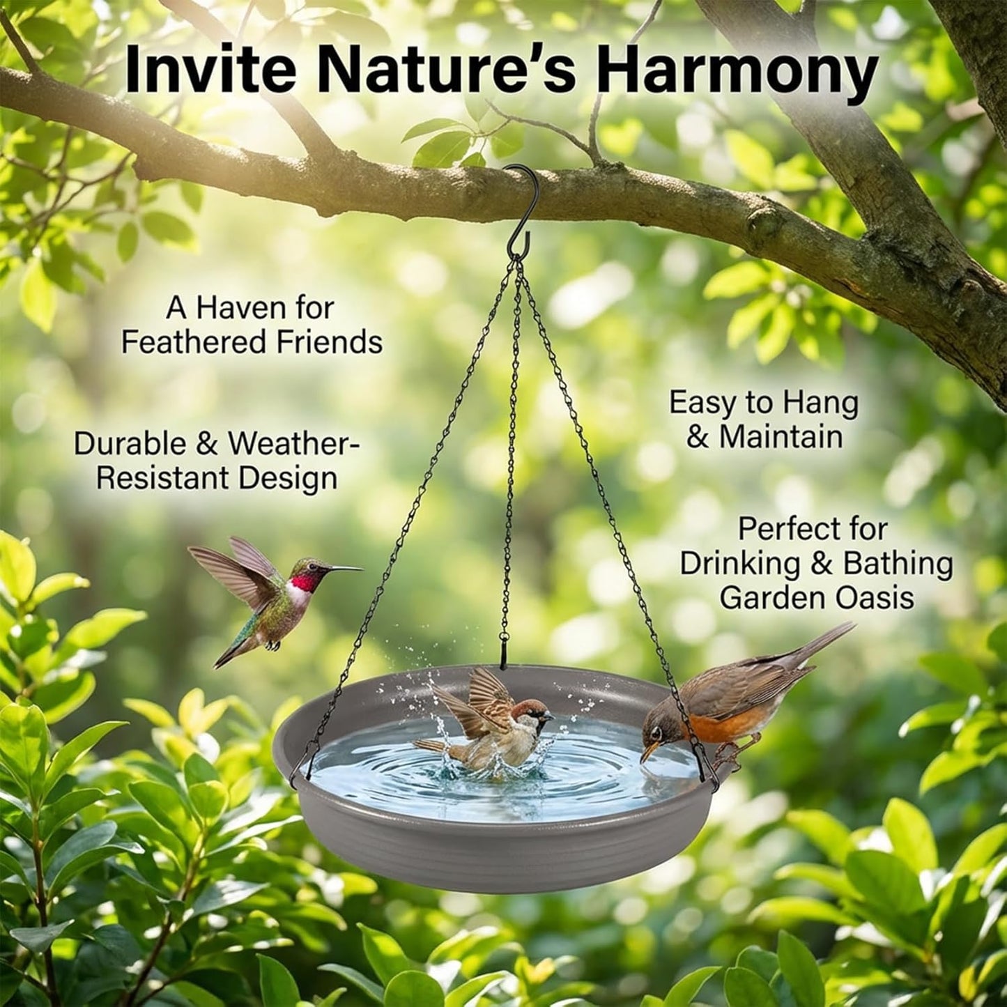 Hanging Bird Bath Bird Feeder - Bird Bath for Outside Outdoors Hanging with Tray Bowl Water Feeder, Garden Bird Bath 2-in-1 Bird Feeder Bath, Durable PP Bird Bath Bowl for Garden Patio Backyard Decor
