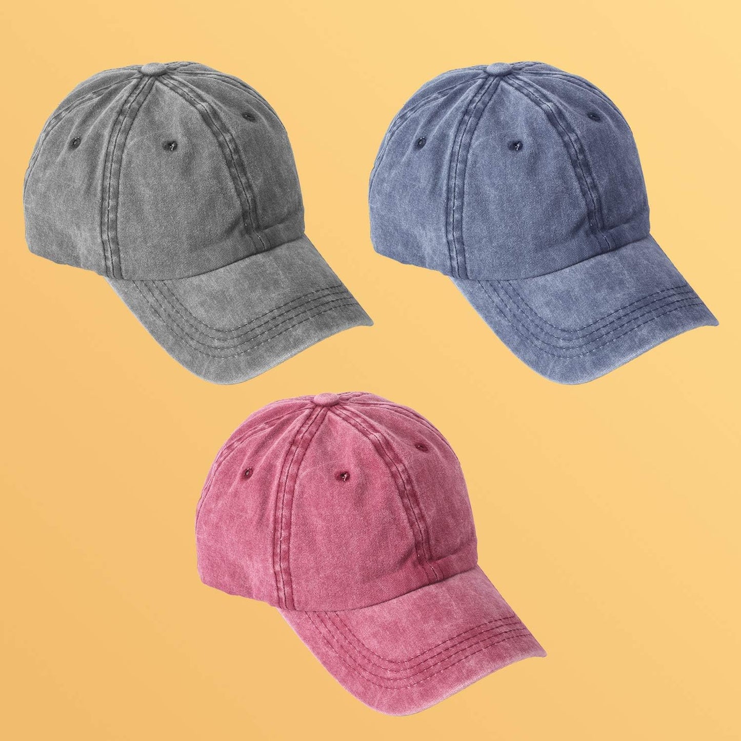 3 Packs Washed-Cotton Plain Baseball Cap, Vintage Adjustable Dad Hats