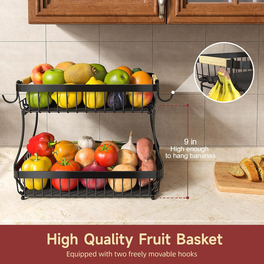 2 Tier Large Fruit Basket for Kitchen Counter with 2 Mobile Banana Hangers, 2026 Pro Detachable Metal Fruit Bowl with Wooden Handle, Fruit Holder for Bread Snack Veggies with Protective Mats