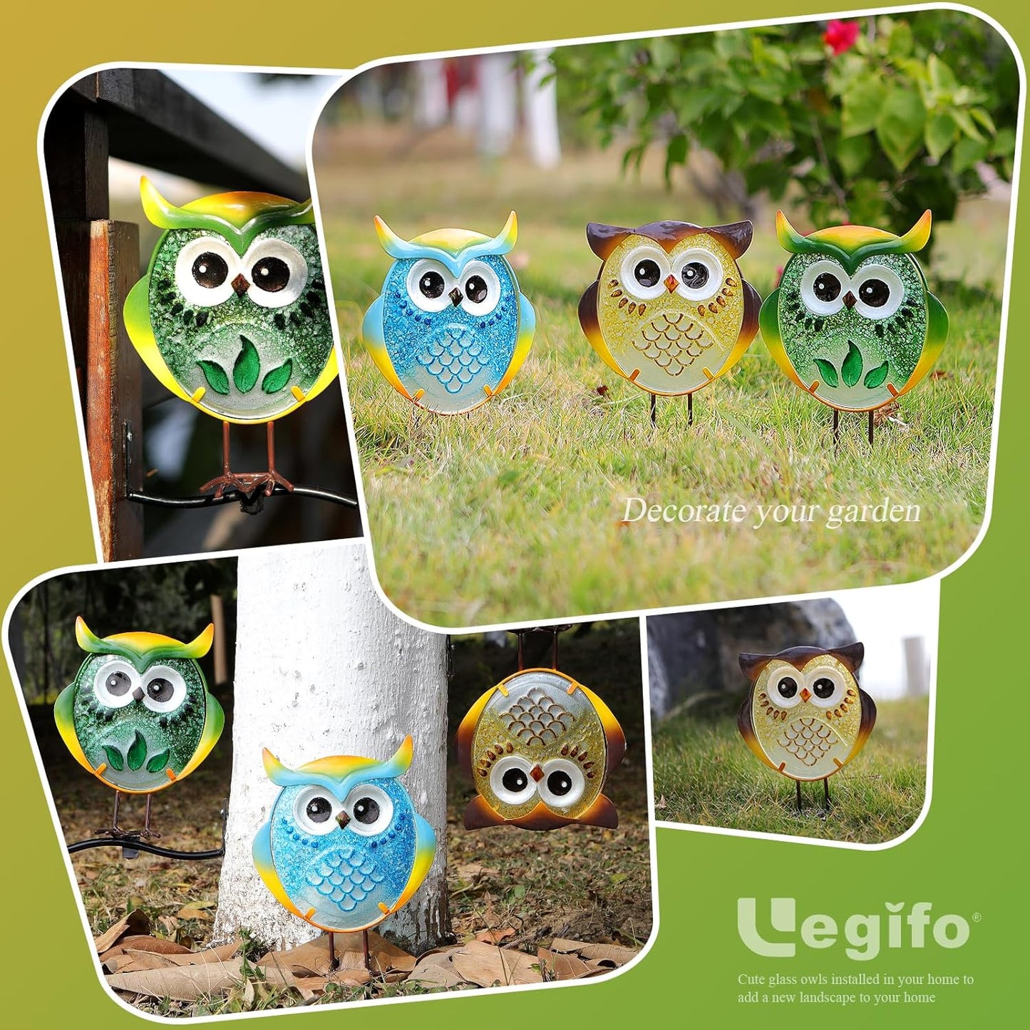 Owl Garden Decor for Outside, Stand & Tree Hugger Outdoor Owls Stakes Yard Art Set of 3, Funny Metal & Glass Stake Gifts for Grandma Mom Women