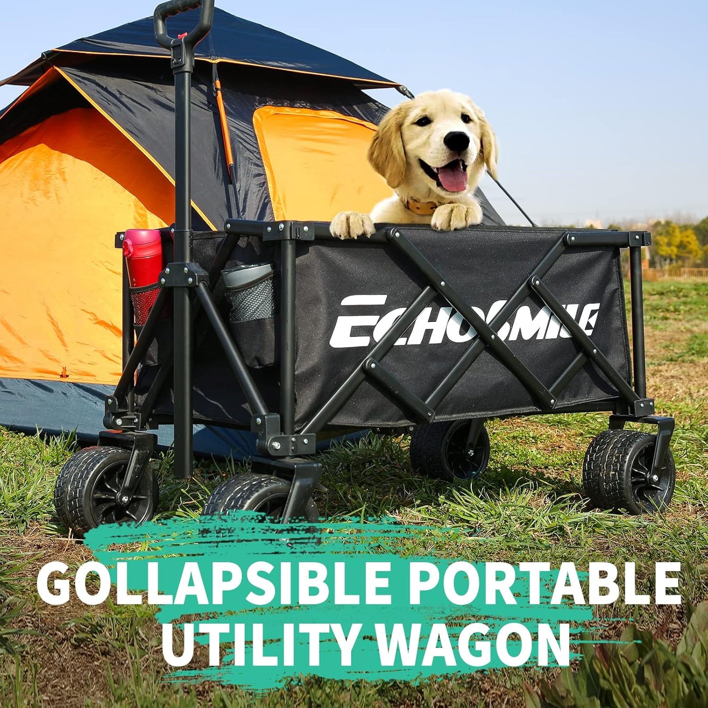 EchoSmile Collapsible Folding Wagon Cart with Compact Storage - 400LBS Capacity All Terrain Utility Cart for Camping, Beach, Grocery, Gardening (Black)