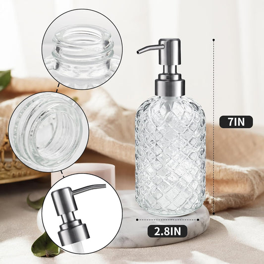 14 Oz Refillable Glass Soap Dispenser with Rust Proof Stainless Steel Pump, for Dispense Hand soap, Body wash, Lotion