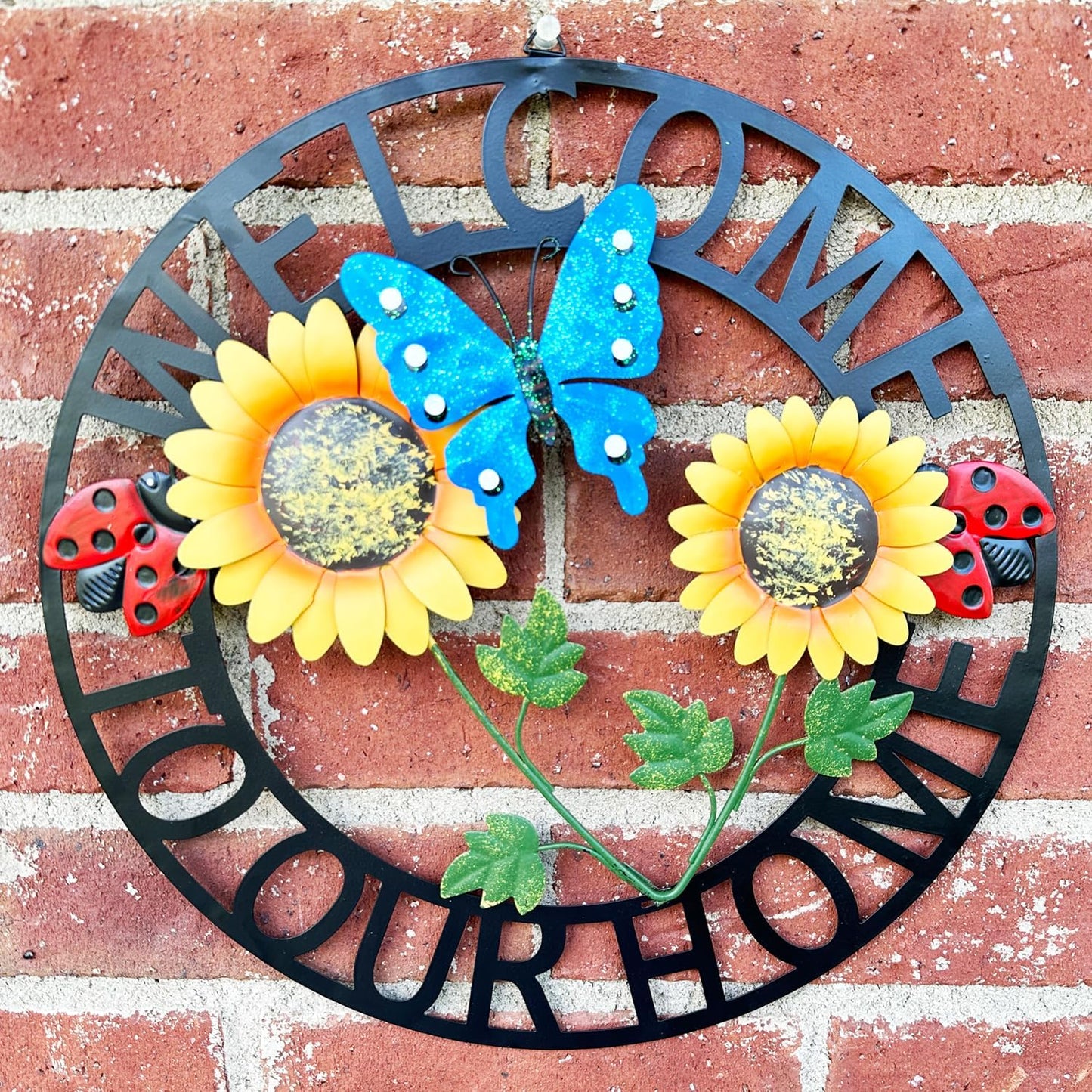 Hanging Sunflower and Butterfly Welcome Wreath, Outdoor Garden Ladybug