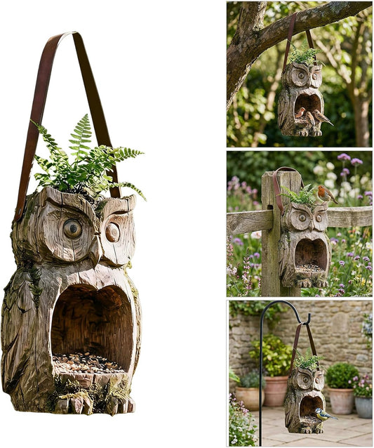 Creative Resin Owl Bird Feeder Hand Painted Outdoor Hanging Decor for Garden, Easy Refill & Weather, Unique Gift