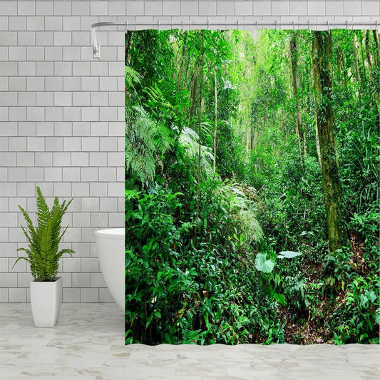 Rainforest Landscape Shower Curtains Green Leaves Plant Tree Original Forest Scenery Outdoor Nature View Bathroom Decor Polyester Fabric Curtain Sets 70x70 Inch with Hook