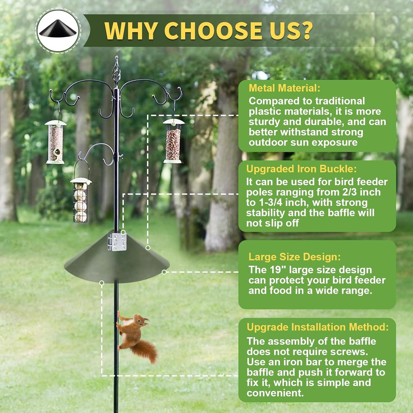 19 Inch Metal Squirrel Baffle,Squirrel Guard for Bird Feeder Without Screws Assemble,Hanging Baffle Outdoor Protect Bird Feeders and Pole Mount from Raccoon Squirrels Rodents