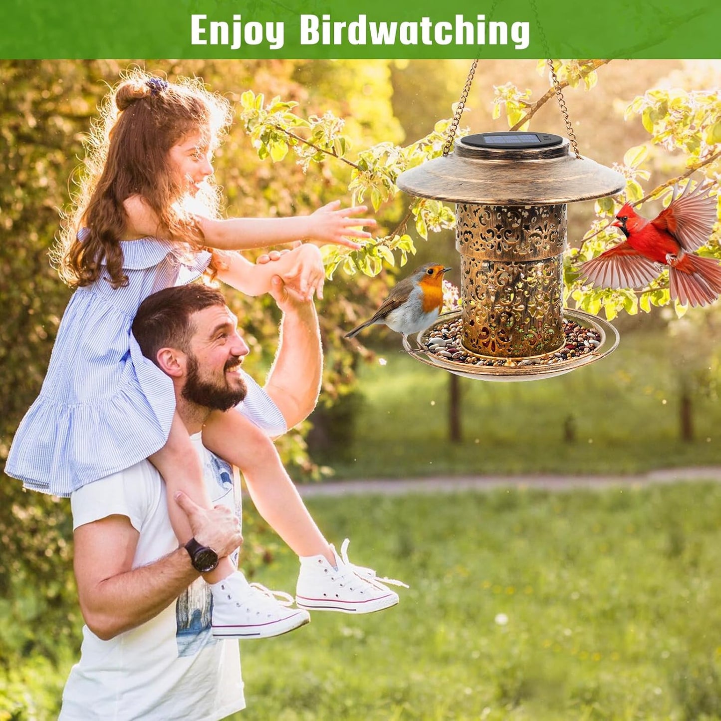 Metal Bird Feeder for Outdoor Hanging, Large Capacity Solar Wild Bird Feeder with Drainage Holes,Landing Ring, Solar Lanterns for Garden Decoration, Unique Bird Watching Gift for Outside