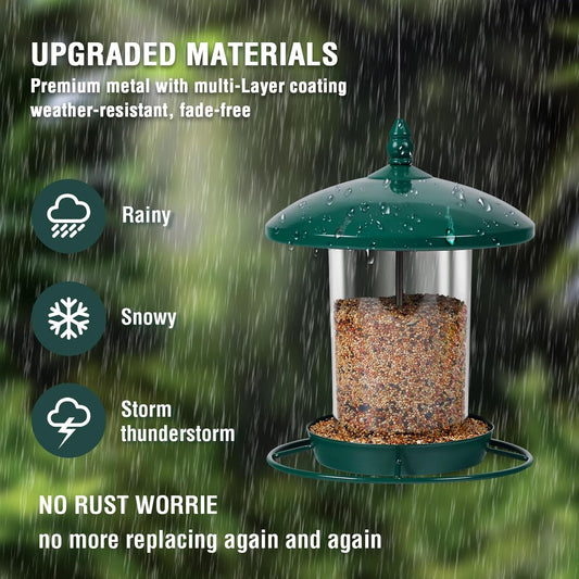 Metal Bird Feeder for Outdoors Hanging,3.0LB Seed Feeder,Easy to Fill & Clean,360Β° Feeding,Chew Proof Weatherproof Roof for Gardens and Wild Birds,Green
