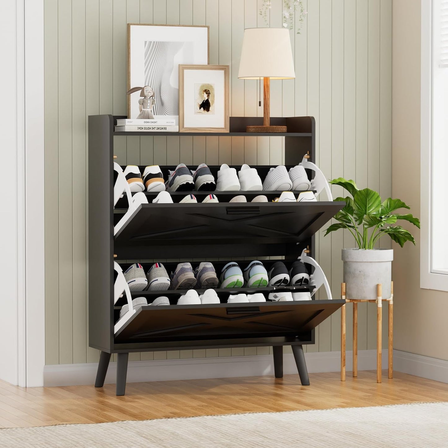 32" W Farmhouse Shoe Storage Cabinet with 2 Flip Drawers and Barn Door