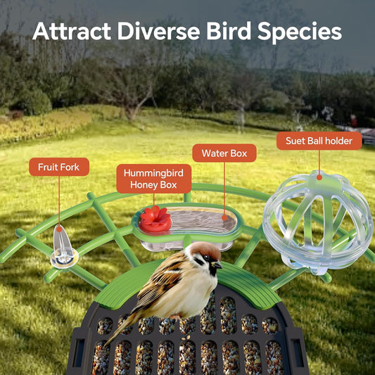 Bird Feeder for Outdoors, Outside Seed Feeders with 4 in 1 Food Tray, 2L Clear Large Capacity, Easy Mount, Suitable for Finch, Cardinal, Blue Jay, Humming, Safflower and Other Birds