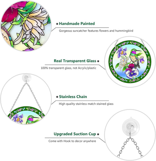 Hummingbird Stained Glass Suncatcher Round, Window Hanging with Chain & Hook, Gift-Boxed Floral Bird Window Decor, Gift for Mom & Grandma (8.6in)