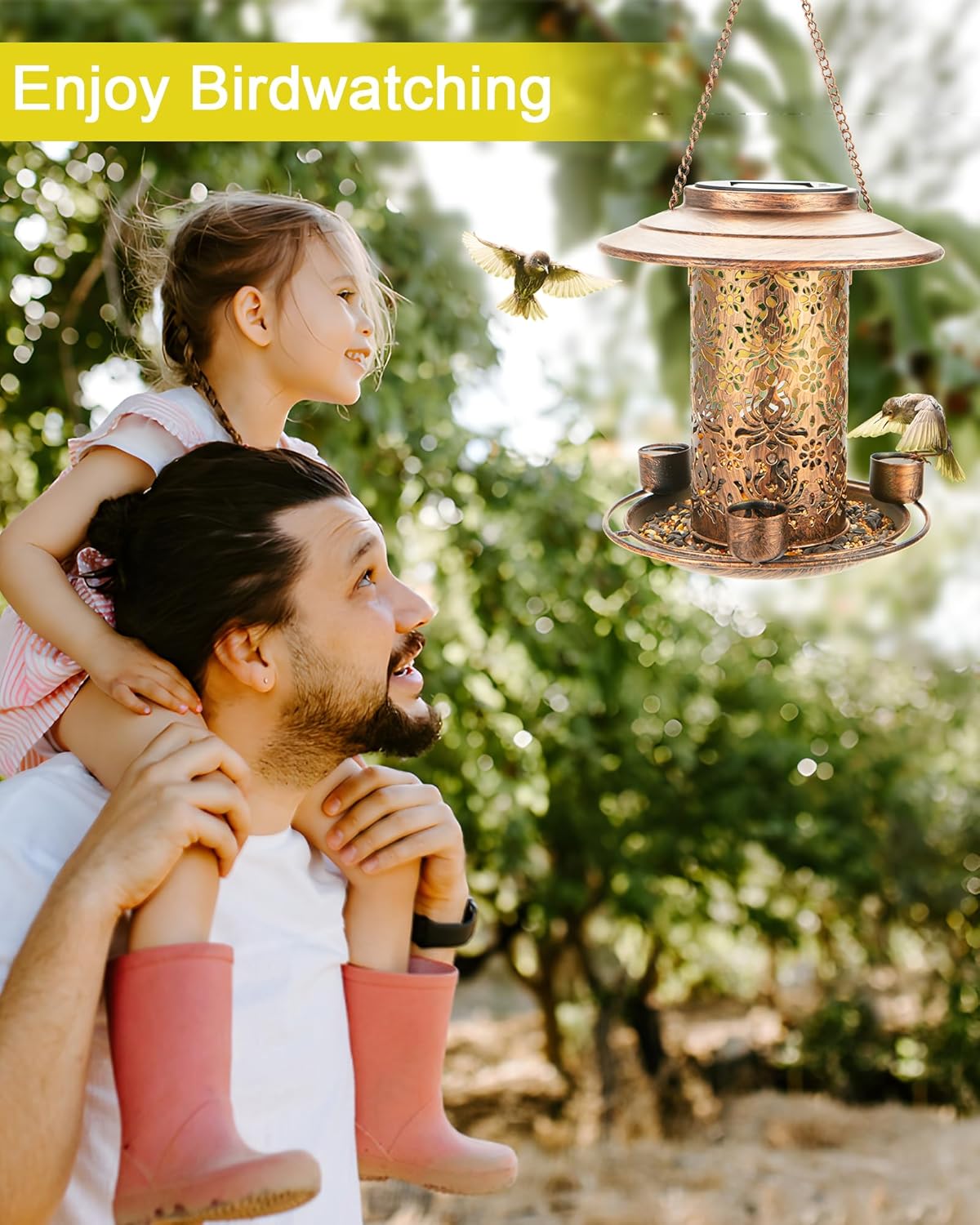 Solar Bird Feeders for Outdoors, Metal Hanging Bird Feeder with 3 Wate