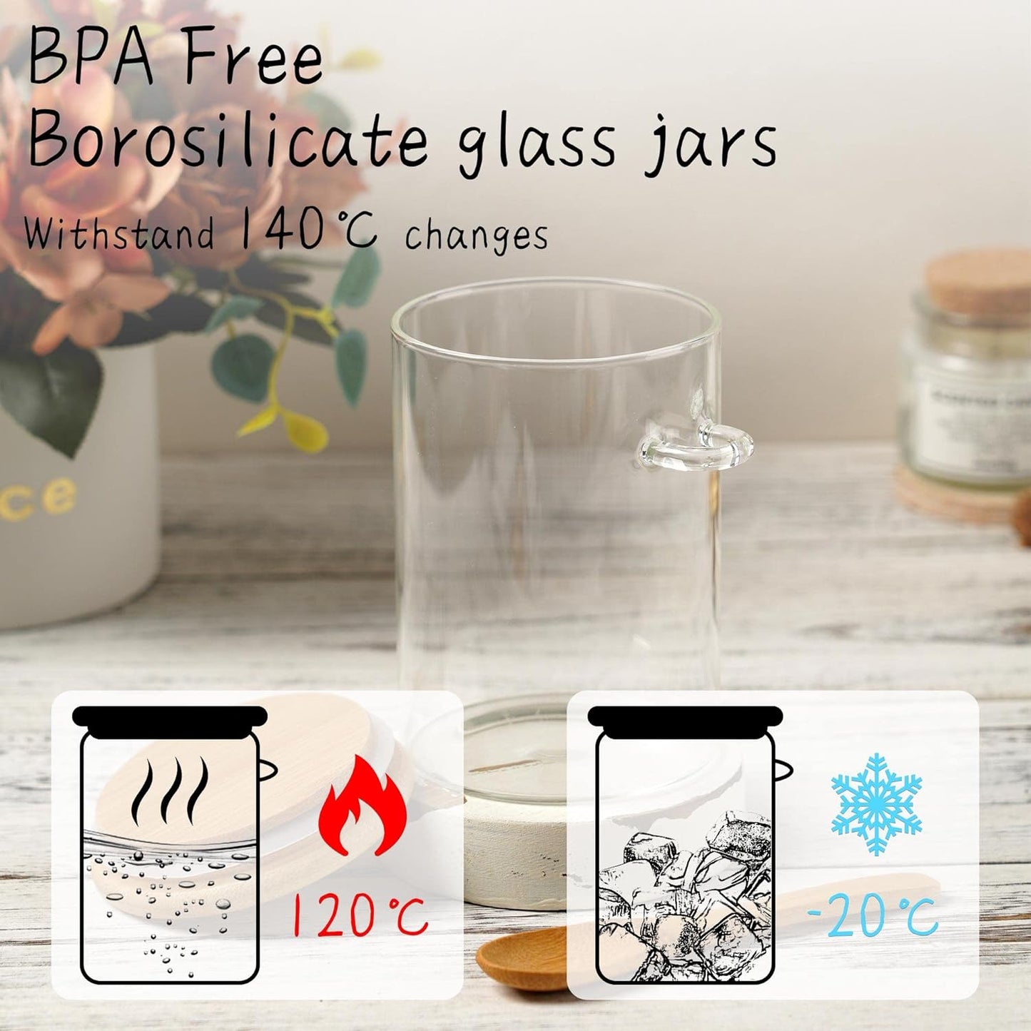 Glass Sugar Container with Spoon - 2 Pack 15oz Glass Jars with Bamboo