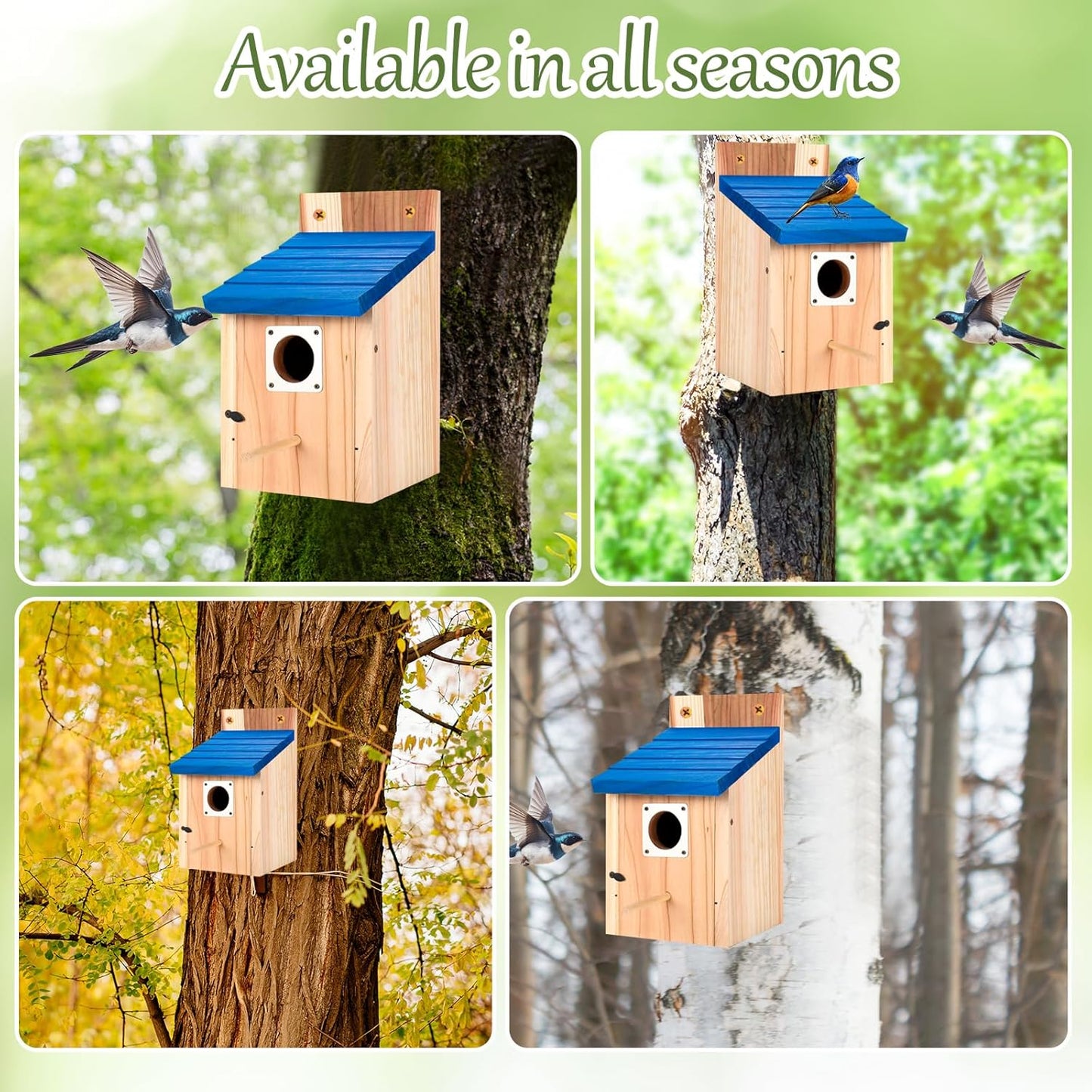 4-Pack Blue Wooden Bird Houses for Outdoors with Predator Guard, Bluebird Houses for Outside – Ideal for Bluebirds & Other Backyard Birds, Blue