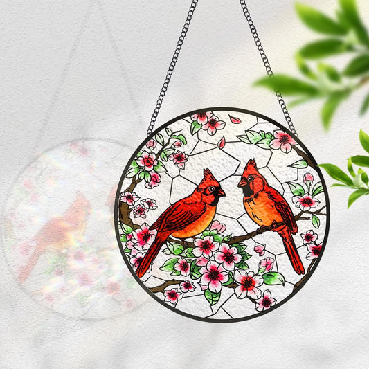 Stained Glass Window Hanging, Cardinal Sun Catchers Colorful Glass Panel Bird Suncatcher Indoor Window Wall Art Home Decor Gift for Birthday Christmas, for Women,Men,Wife, Lovers, and Mom 6.3 in