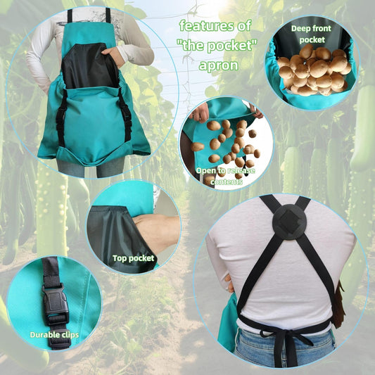 Gardening Aprons for Women and Men with Big Pockets - Picker Picking Tools for Harvesting, Green