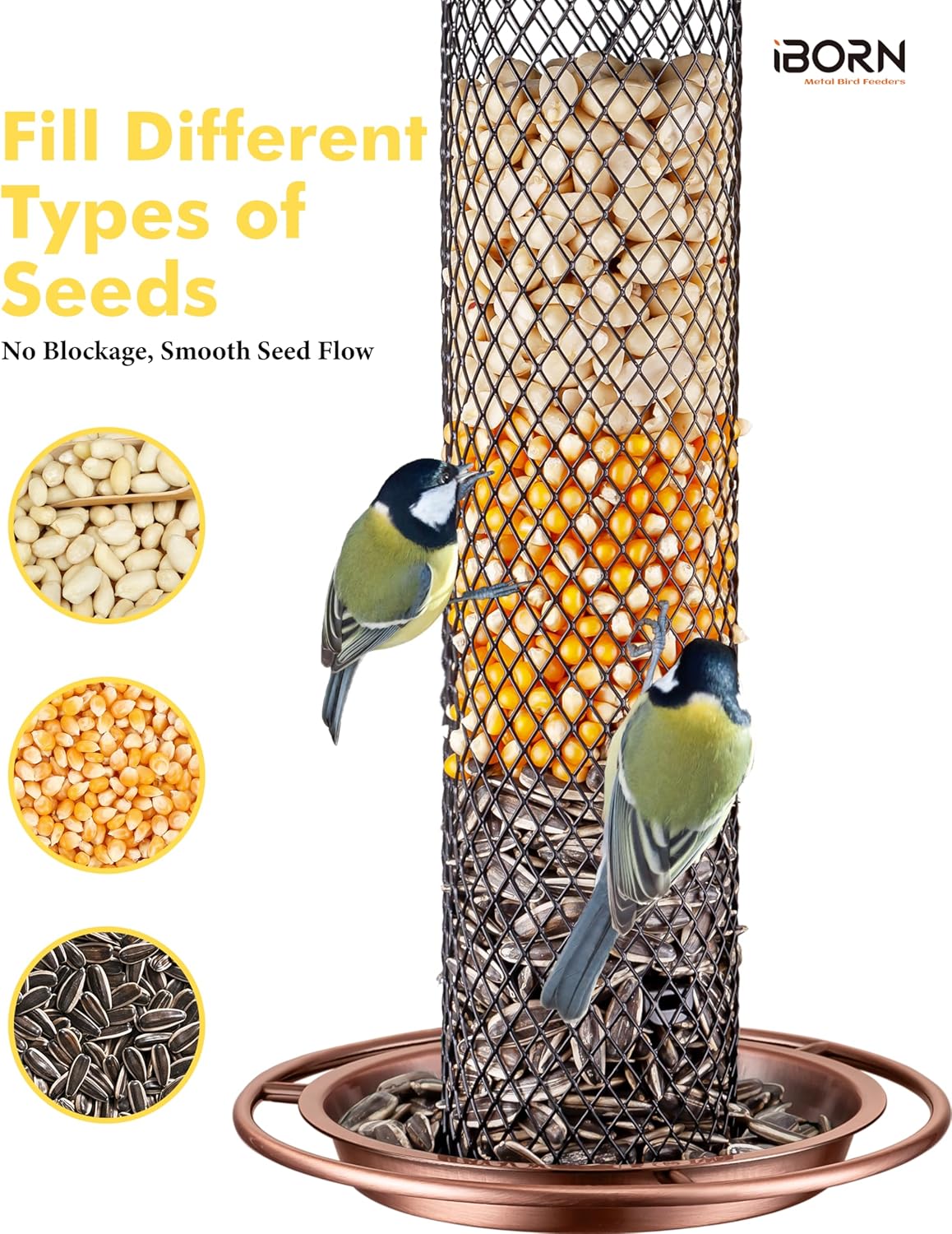 iBorn Peanut Bird Feeder,Sunflower Seed Feeder,13.5 Inch Metal Mesh Tube Bird Feeders for Outdoors Hanging,Squirrel-Proof Birdfeeders for Peanut with 17cm Weatherproof Roof & Tray,2 LB Capacity,Copper