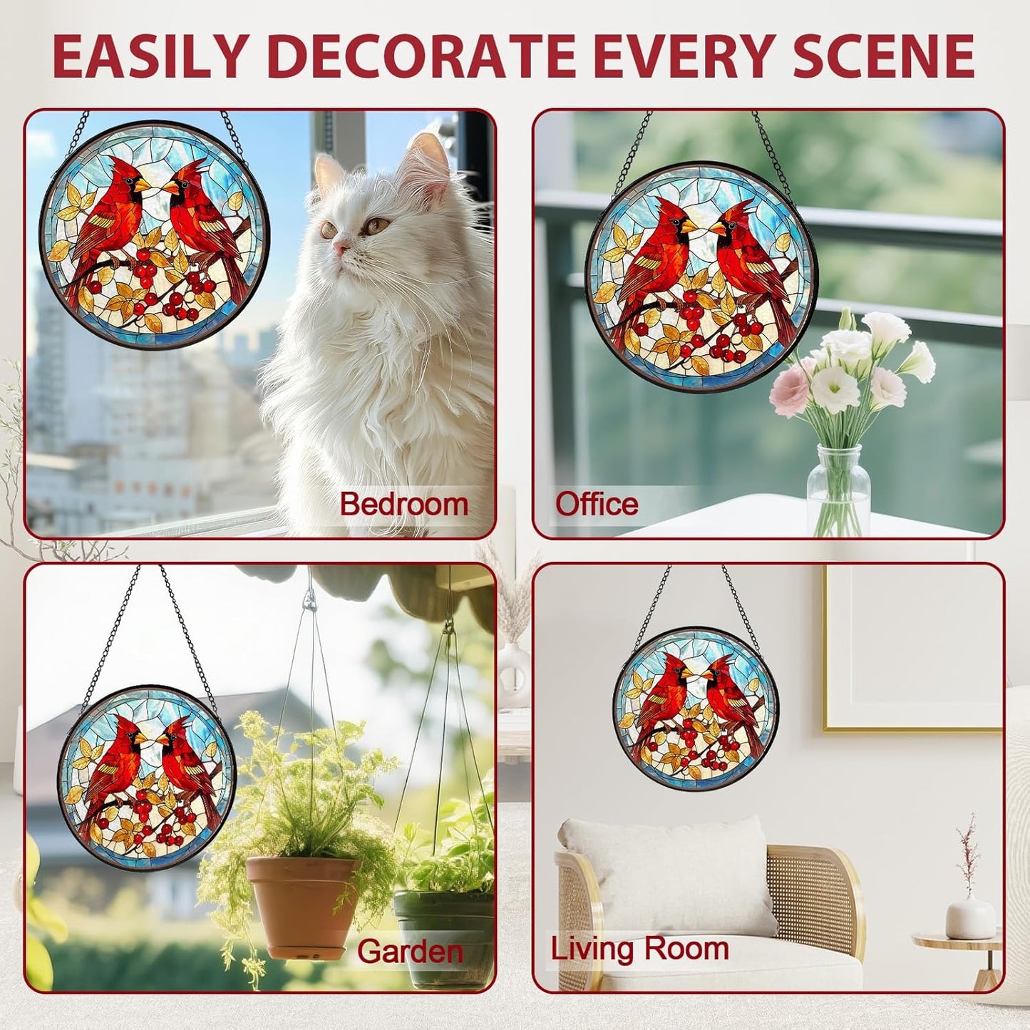 Red Cardinal Stained Glass Window Hanging, Hummingbird Suncatcher Diam
