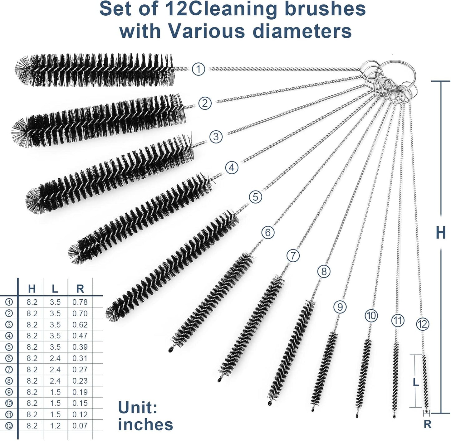 Straw Cleaner Brushes Sets, 12 Pieces 8.2 Inch Botthle Cleaning Brush and Nylon Tube Brush Brush Kit for Sippy Cup, Tumbler, Water Bottle, Drinking Straw (Black)
