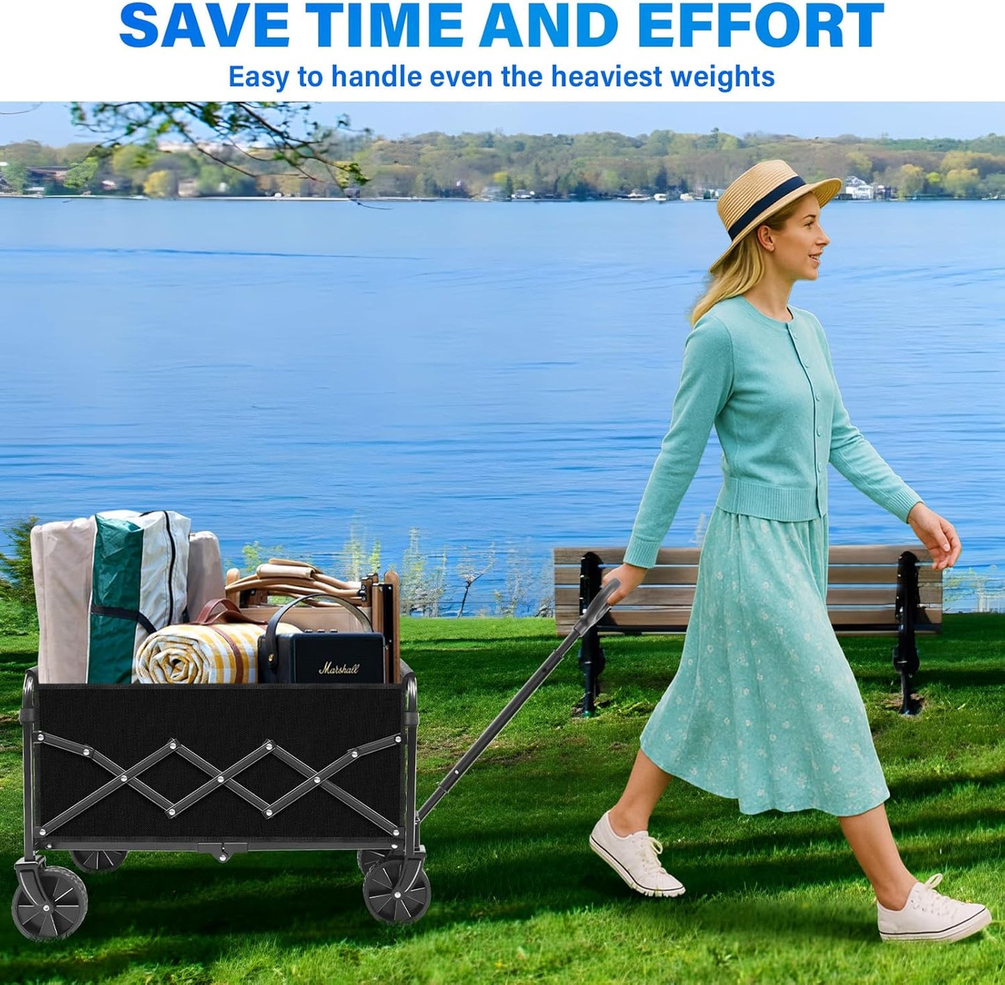 Wagons Carts Foldable - Collapsible Wagon Cart with Wheels Foldable - Folding Utility Heavy Duty Wagons Carts for Grocery Camping Sports Shopping Garden