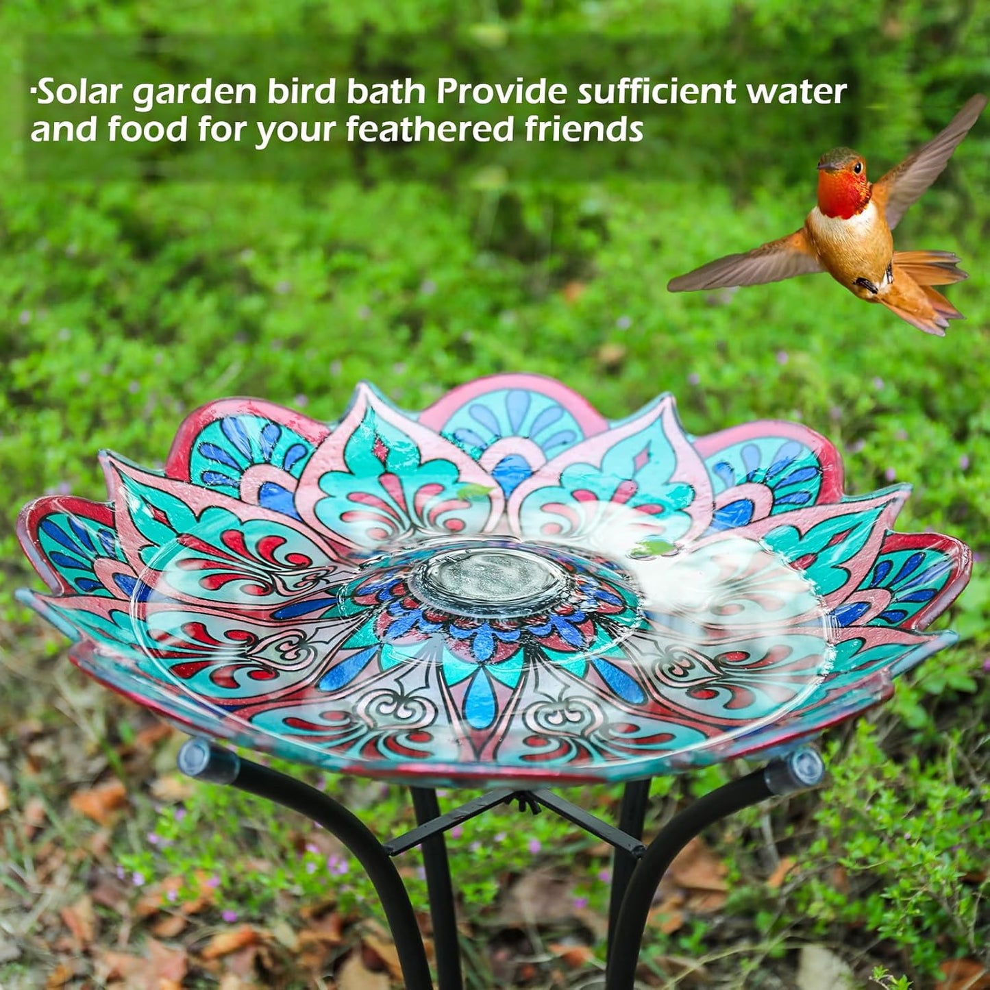 DREAM GARDEN Bird Bath for Outside, Glass Solar Birdbath with Foldable Metal Stand for Garden Yard Patio Lawn Decor, 21 Inch Height